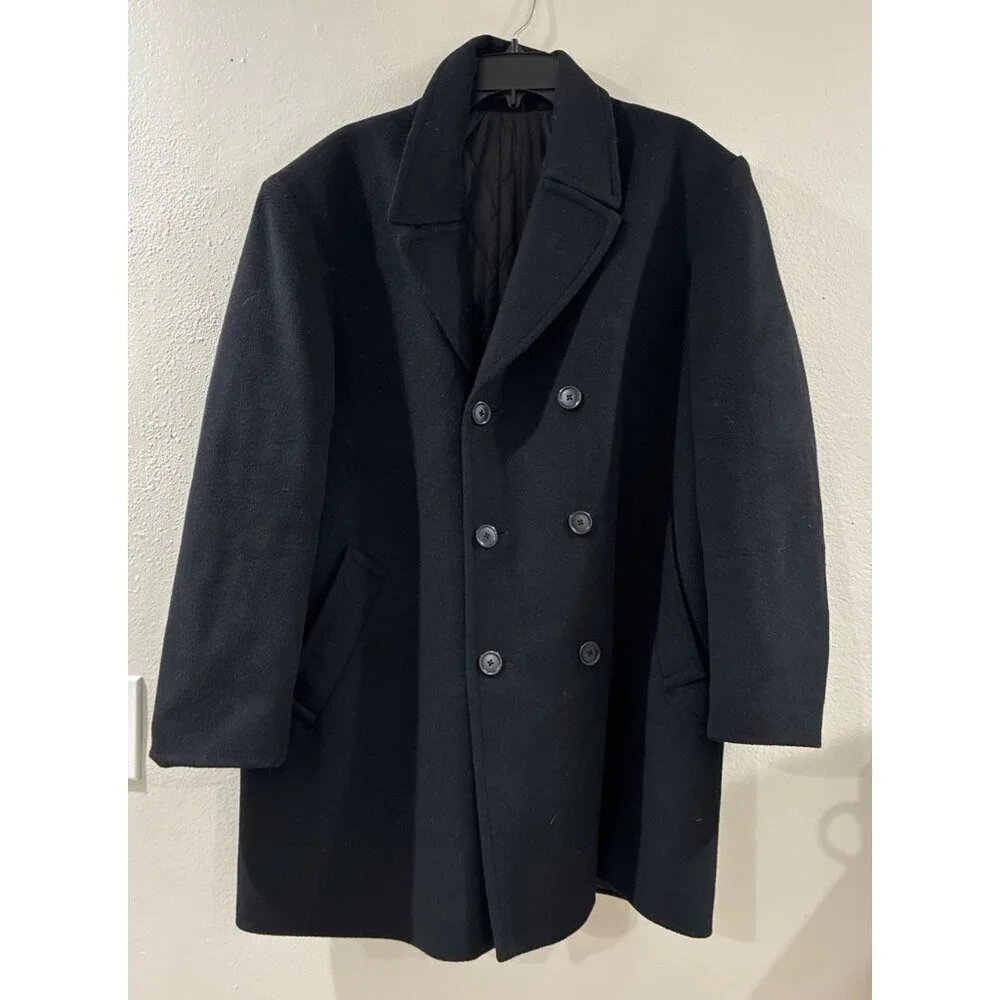 Polo Ralph Lauren Mens Black Wool Double-Breasted Coat size 46 L front pocket XL